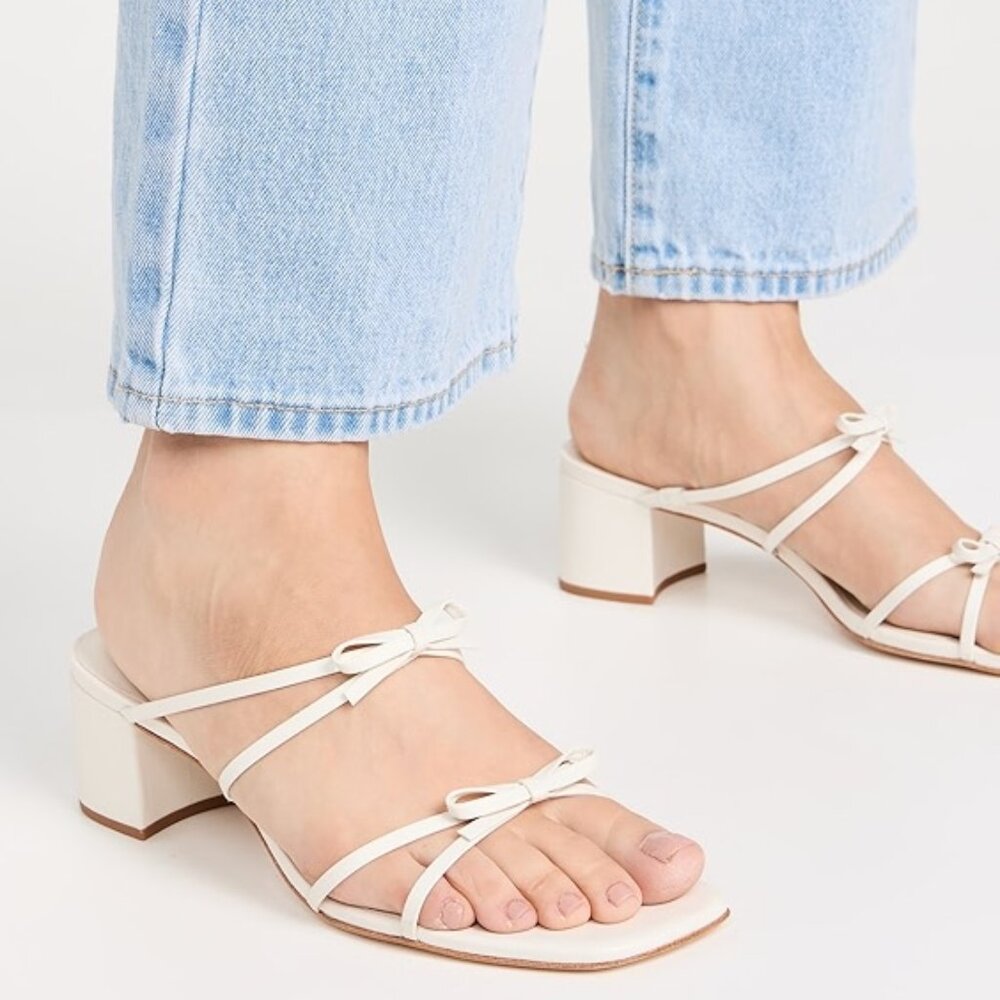 NWOB Reformation Elodie White Leather Bow Block Heeled Sandals Heels Size 9